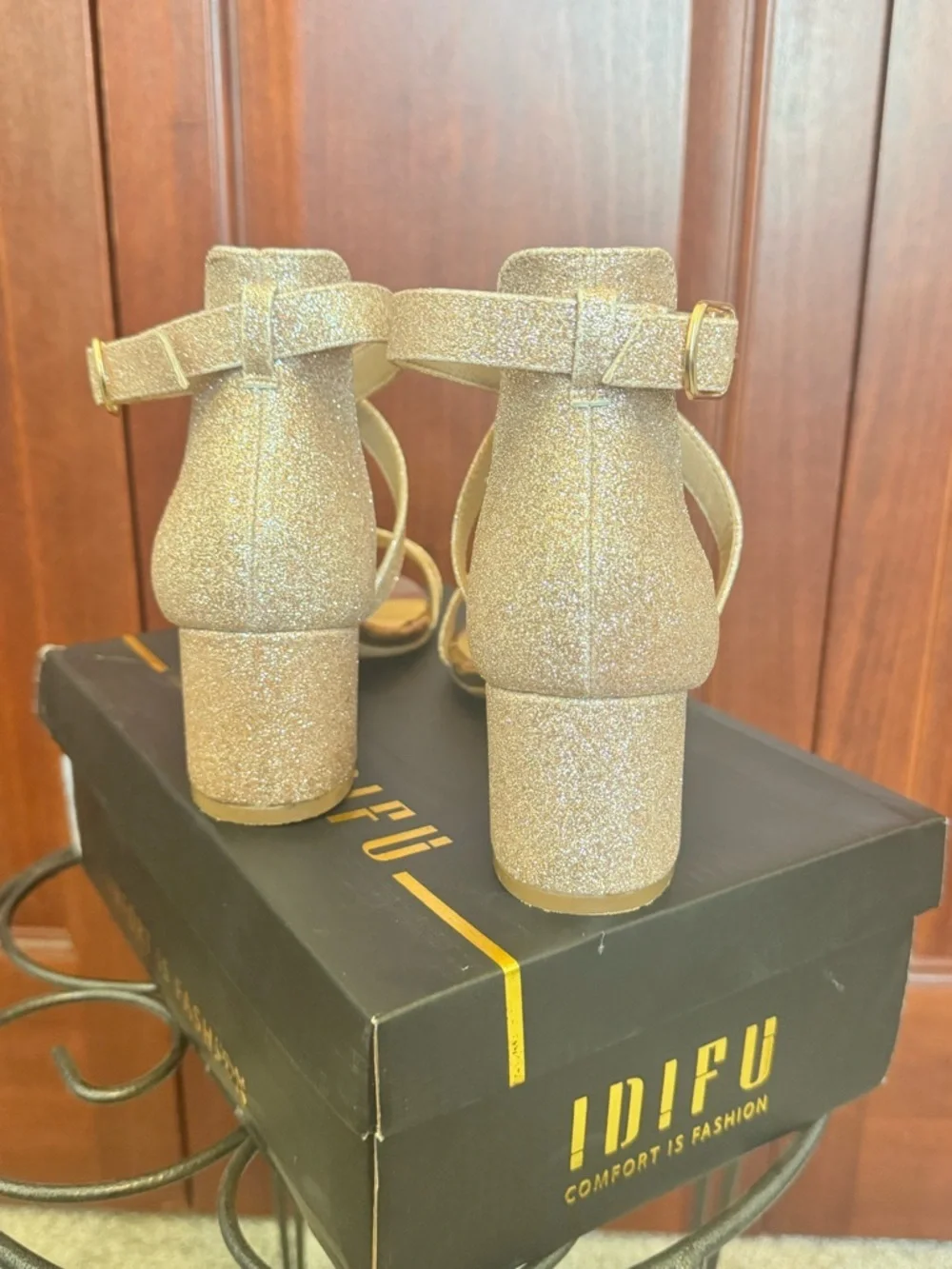 IDIFU Rose Gold Glitter Strappy Block Heel Sandals